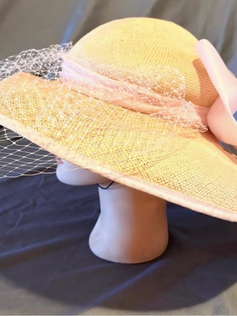 Elegant Pink Straw Wide-Brim Hat with Veil - Women Accessories